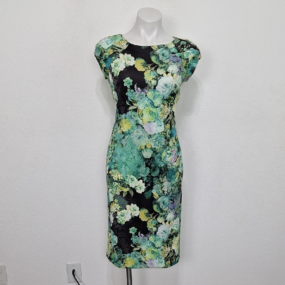 Beige by ECI Black Teal Tropical Multicolor Floral Maximalism Sheath Dress Sz. 4 - Picture 2 of 13
